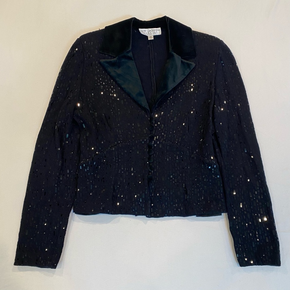 Vintage St. John Elegant Black Santana Knit Sequin Jacket, Evening Wear, Size 10